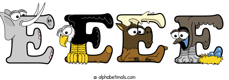 Eeee animal word art spelling Eeee with Alphabetimals - cartoon alphabet animals