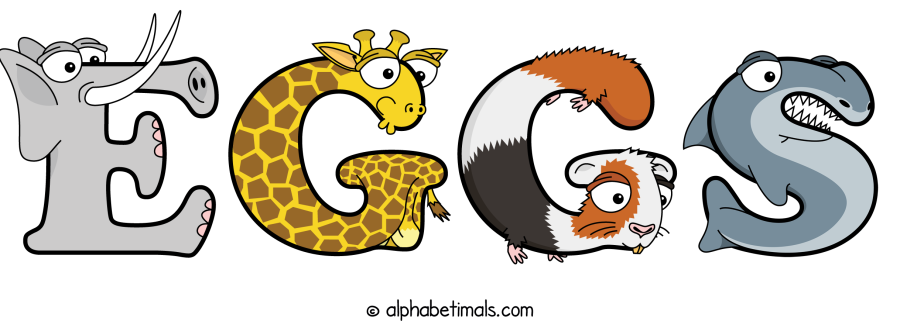 Eggs animal word art spelling Eggs with Alphabetimals - cartoon alphabet animals