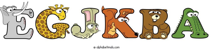 Egjkba animal word art spelling Egjkba with Alphabetimals - cartoon alphabet animals