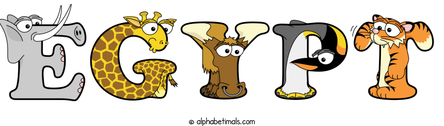 Egypt animal word art spelling Egypt with Alphabetimals - cartoon alphabet animals