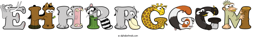 Ehhrrgggm animal word art spelling Ehhrrgggm with Alphabetimals - cartoon alphabet animals