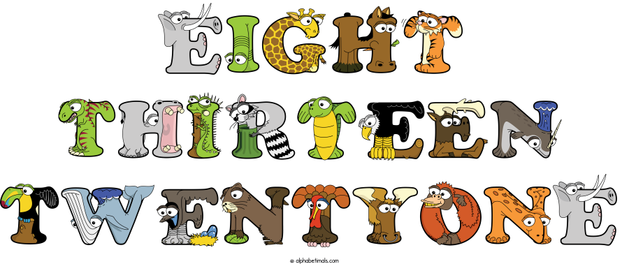Eight Thirteen Twentyone animal word art spelling Eight Thirteen Twentyone with Alphabetimals - cartoon alphabet animals