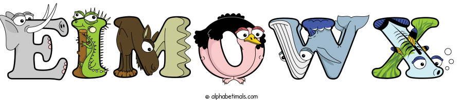 Eimowx animal word art spelling Eimowx with Alphabetimals - cartoon alphabet animals