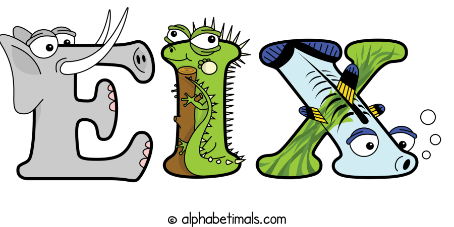 Eix animal word art spelling Eix with Alphabetimals - cartoon alphabet animals