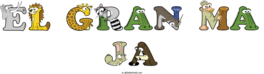El Gran Ma Ja animal word art spelling El Gran Ma Ja with Alphabetimals - cartoon alphabet animals