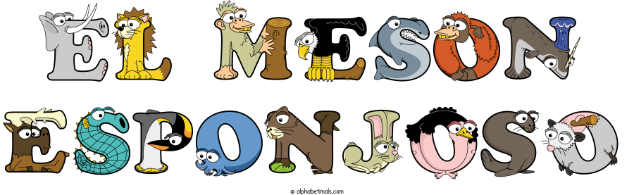 El Meson  Esponjoso animal word art spelling El Meson  Esponjoso with Alphabetimals - cartoon alphabet animals