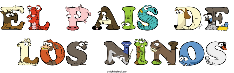 El Pais De  Los Ninos animal word art spelling El Pais De  Los Ninos with Alphabetimals - cartoon alphabet animals