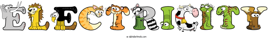 Electricity animal word art spelling Electricity with Alphabetimals - cartoon alphabet animals