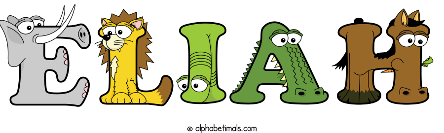 Eliah animal word art spelling Eliah with Alphabetimals - cartoon alphabet animals