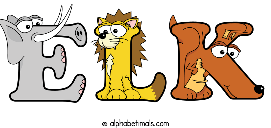 Elk animal word art spelling Elk with Alphabetimals - cartoon alphabet animals