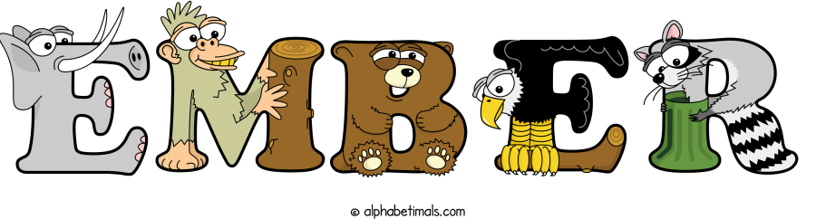 Ember animal word art spelling Ember with Alphabetimals - cartoon alphabet animals