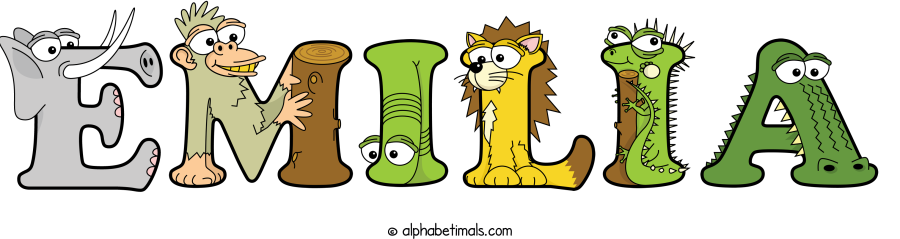 Emilia animal word art spelling Emilia with Alphabetimals - cartoon alphabet animals