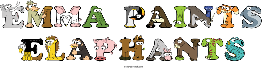 Emma Paints Elaphants animal word art spelling Emma Paints Elaphants with Alphabetimals - cartoon alphabet animals
