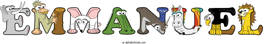 Emmanuel animal word art spelling Emmanuel with Alphabetimals - cartoon alphabet animals
