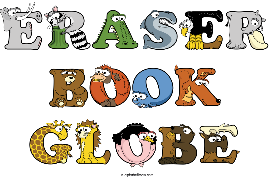 Eraser Book Globe animal word art spelling Eraser Book Globe with Alphabetimals - cartoon alphabet animals