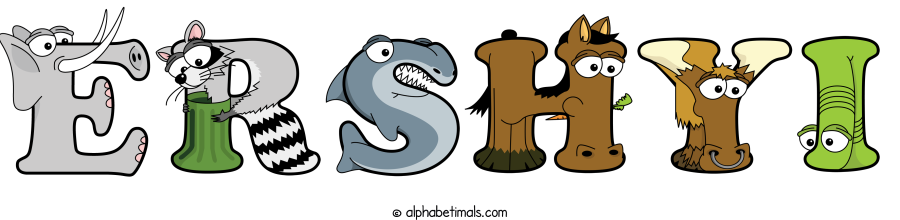 Ershyi animal word art spelling Ershyi with Alphabetimals - cartoon alphabet animals
