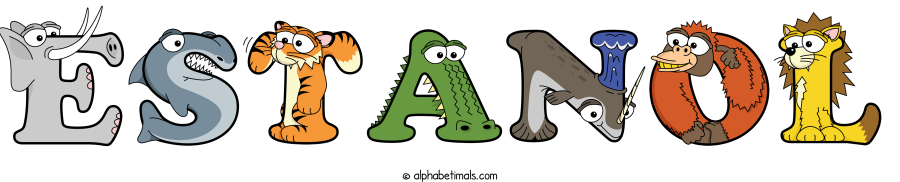Estanol animal word art spelling Estanol with Alphabetimals - cartoon alphabet animals