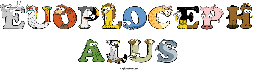 Euoploceph Alus animal word art spelling Euoploceph Alus with Alphabetimals - cartoon alphabet animals