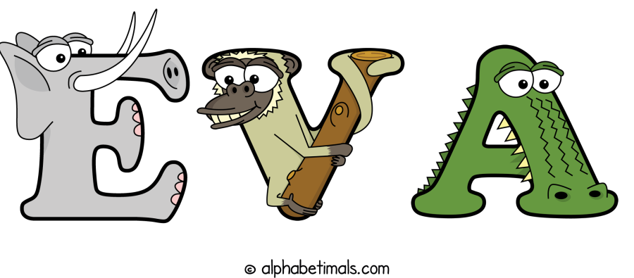 Eva animal word art spelling Eva with Alphabetimals - cartoon alphabet animals