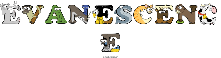 Evanescenc E animal word art spelling Evanescenc E with Alphabetimals - cartoon alphabet animals