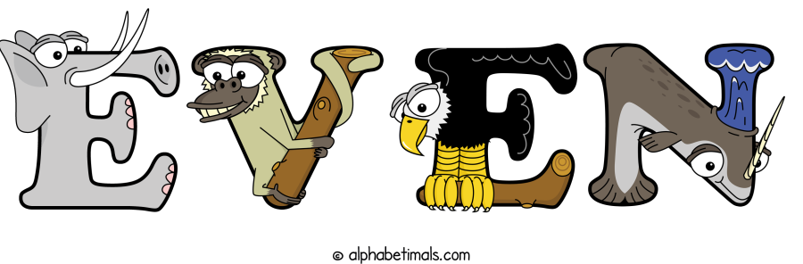Even animal word art spelling Even with Alphabetimals - cartoon alphabet animals