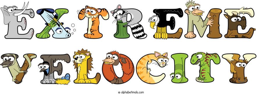 Extreme Velocity animal word art spelling Extreme Velocity with Alphabetimals - cartoon alphabet animals