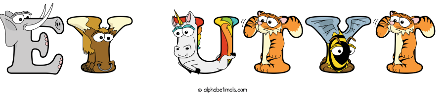 Ey Utyt animal word art spelling Ey Utyt with Alphabetimals - cartoon alphabet animals