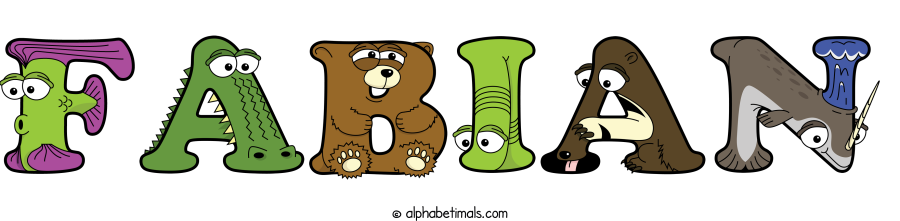 Fabian animal word art spelling Fabian with Alphabetimals - cartoon alphabet animals