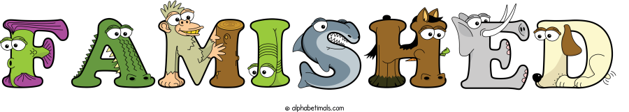 Famished animal word art spelling Famished with Alphabetimals - cartoon alphabet animals