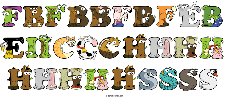 Fbfbbfbfeb Eiiccchhhh Hhhhhssss animal word art spelling Fbfbbfbfeb Eiiccchhhh Hhhhhssss with Alphabetimals - cartoon alphabet animals