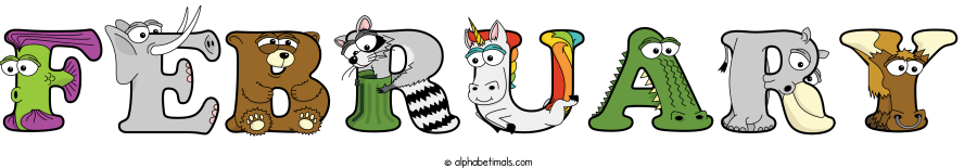 February animal word art spelling February with Alphabetimals - cartoon alphabet animals
