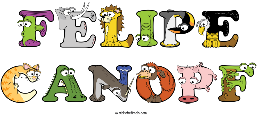 Felipe Canopf animal word art spelling Felipe Canopf with Alphabetimals - cartoon alphabet animals