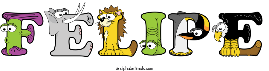 Felipe animal word art spelling Felipe with Alphabetimals - cartoon alphabet animals