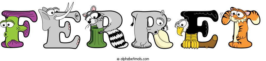 Ferret animal word art spelling Ferret with Alphabetimals - cartoon alphabet animals