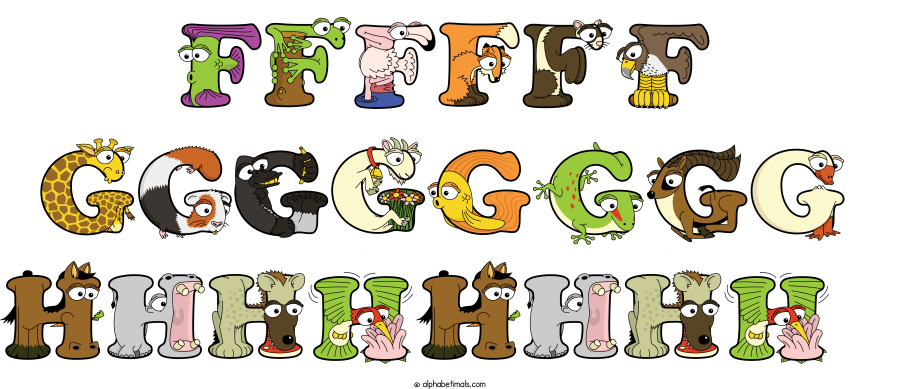 Ffffff Gggggggg Hhhhhhhh animal word art spelling Ffffff Gggggggg Hhhhhhhh with Alphabetimals - cartoon alphabet animals