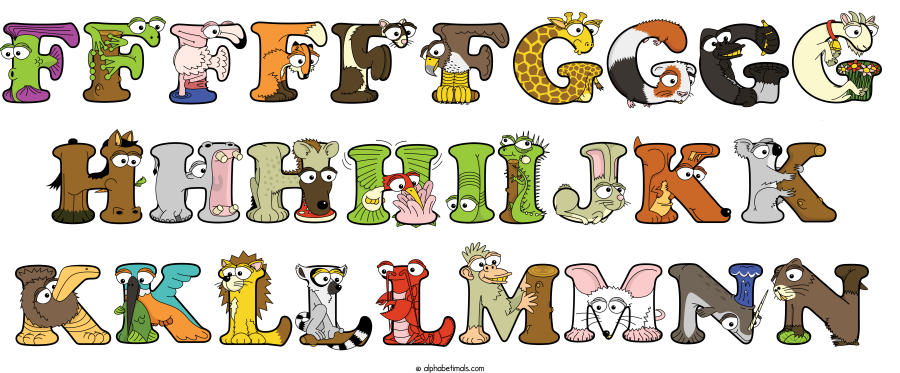 Ffffffgggg Hhhhiijkk Kklllmmnn animal word art spelling Ffffffgggg Hhhhiijkk Kklllmmnn with Alphabetimals - cartoon alphabet animals