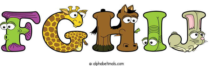 Fghij animal word art spelling Fghij with Alphabetimals - cartoon alphabet animals