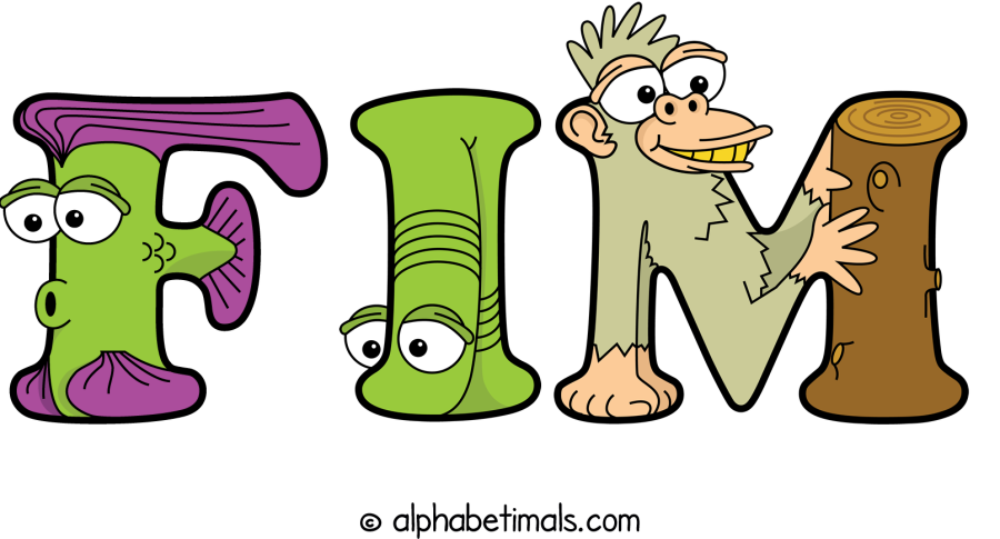 Fim animal word art spelling Fim with Alphabetimals cartoon alphabet animals