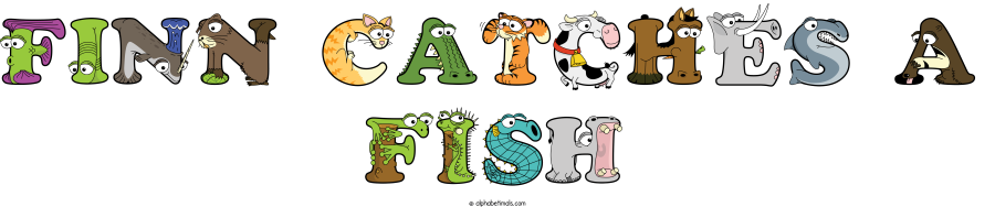 Finn Catches A Fish animal word art spelling Finn Catches A Fish with Alphabetimals - cartoon alphabet animals