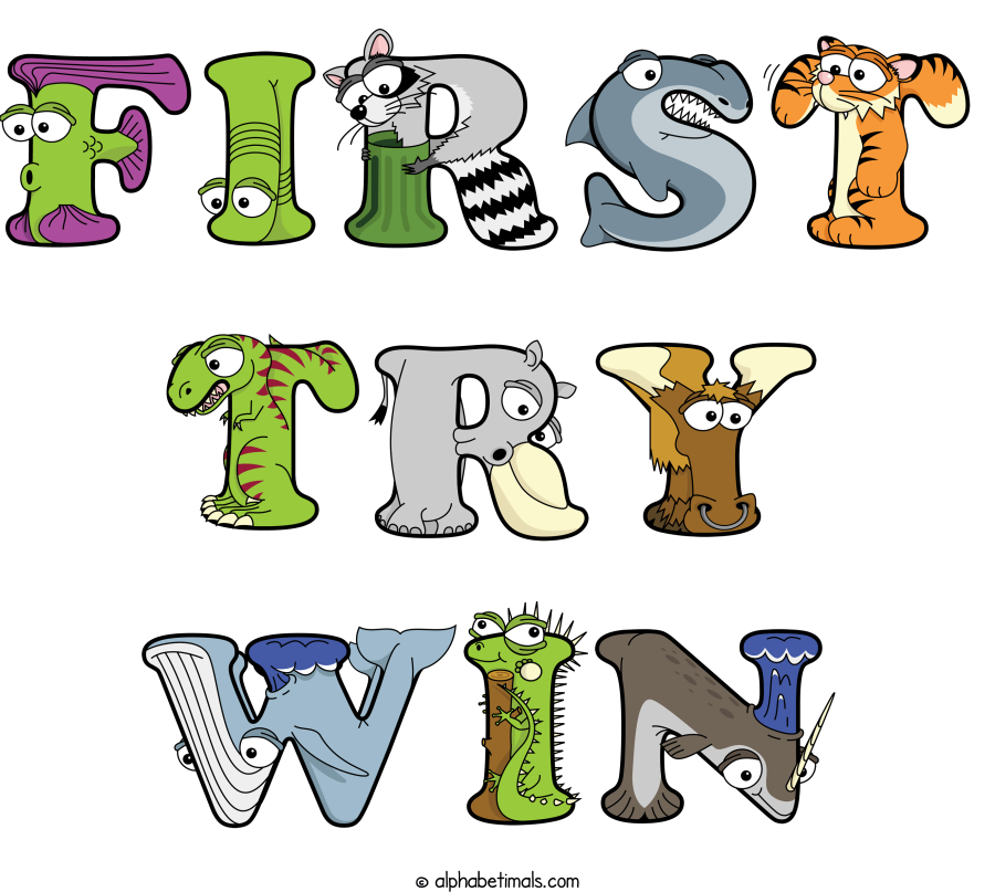First Try Win animal word art spelling First Try Win with Alphabetimals - cartoon alphabet animals