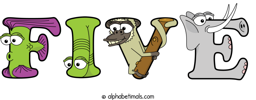 Five animal word art spelling Five with Alphabetimals - cartoon alphabet animals