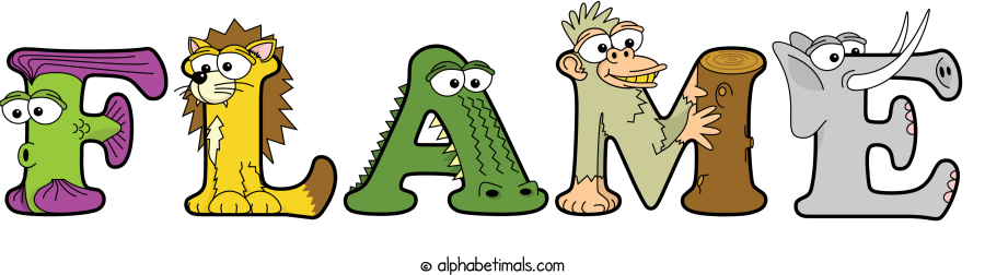 Flame animal word art spelling Flame with Alphabetimals - cartoon alphabet animals