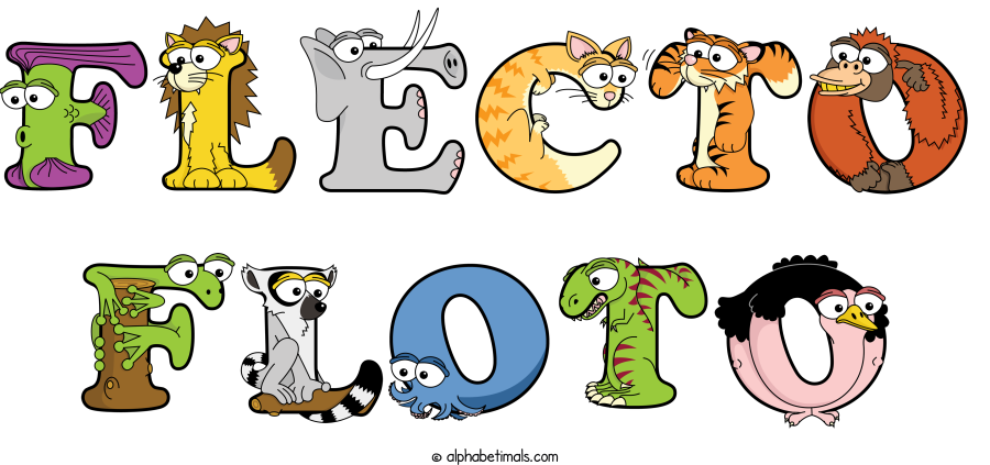 Flecto Floto animal word art spelling Flecto Floto with Alphabetimals - cartoon alphabet animals