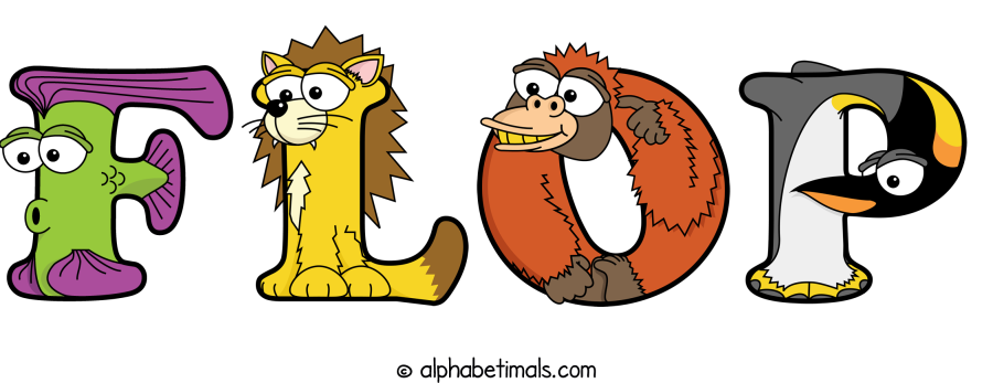 Flop animal word art spelling Flop with Alphabetimals - cartoon alphabet animals