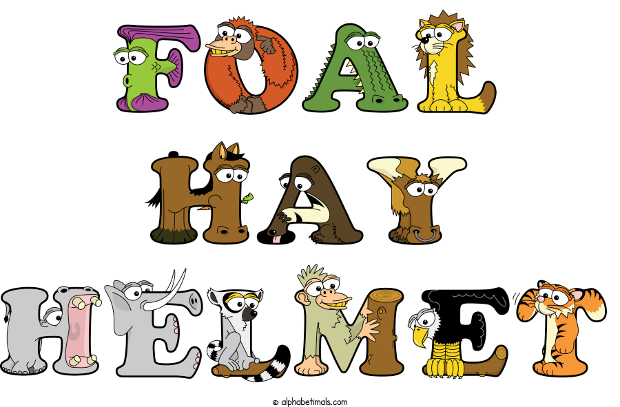 Foal Hay Helmet animal word art spelling Foal Hay Helmet with Alphabetimals - cartoon alphabet animals