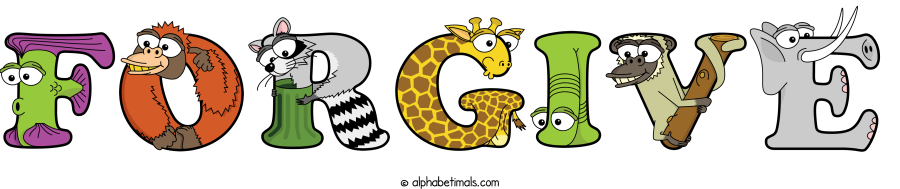 Forgive animal word art spelling Forgive with Alphabetimals - cartoon alphabet animals