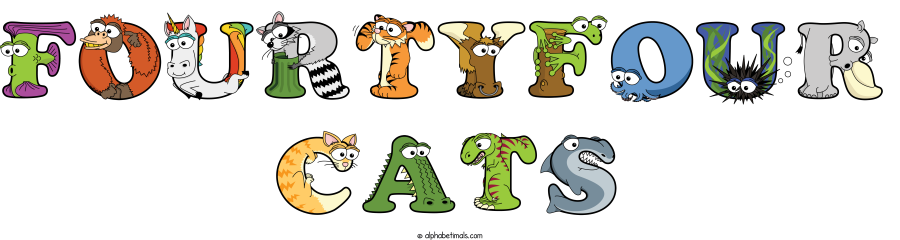 Fourtyfour Cats animal word art spelling Fourtyfour Cats with Alphabetimals - cartoon alphabet animals