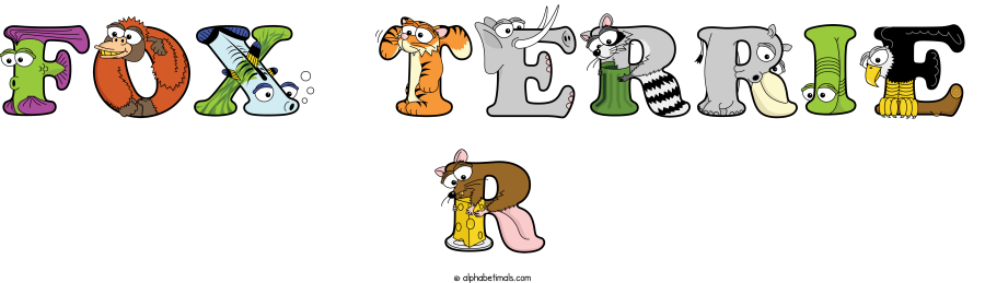 Fox Terrie R animal word art spelling Fox Terrie R with Alphabetimals cartoon alphabet animals