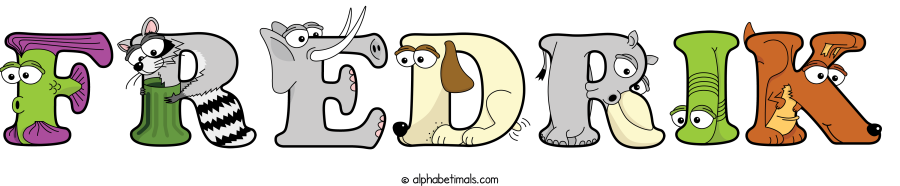 Fredrik animal word art spelling Fredrik with Alphabetimals - cartoon alphabet animals