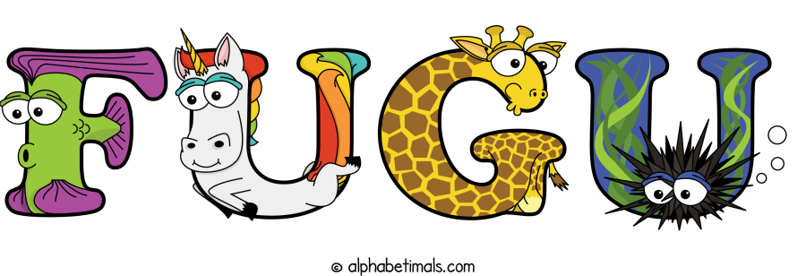Fugu animal word art spelling Fugu with Alphabetimals - cartoon alphabet animals